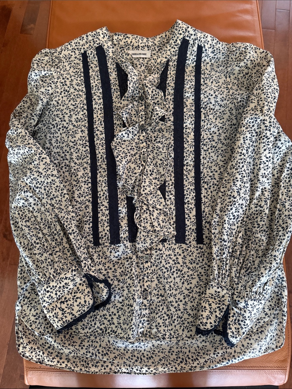 Zadig & Voltaire Navy and White Floral Ruffle Front Blouse
